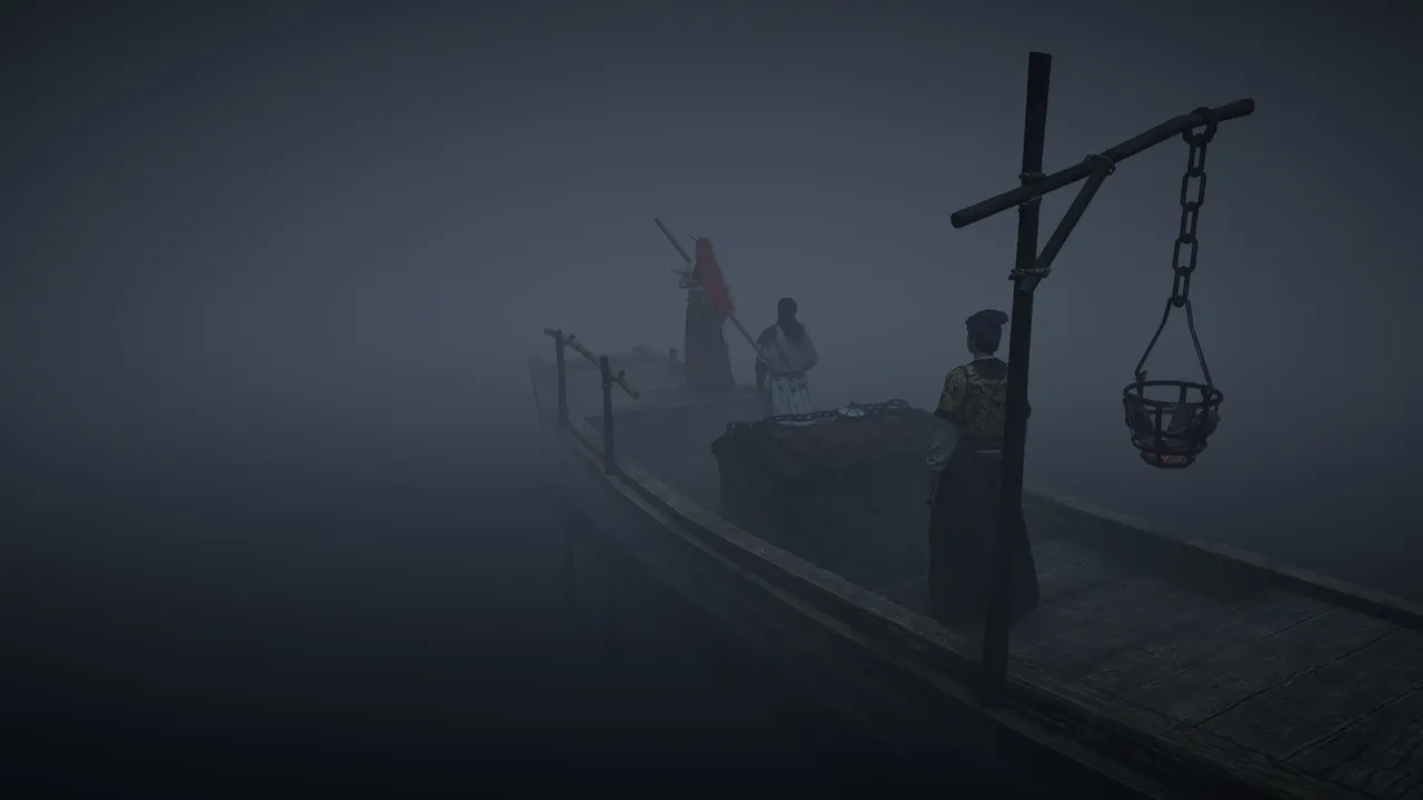 Cross the river toward Hidden Mountain by boat, navigating through dense fog and following hidden whirlpools with Wind Sense to reach the new region.