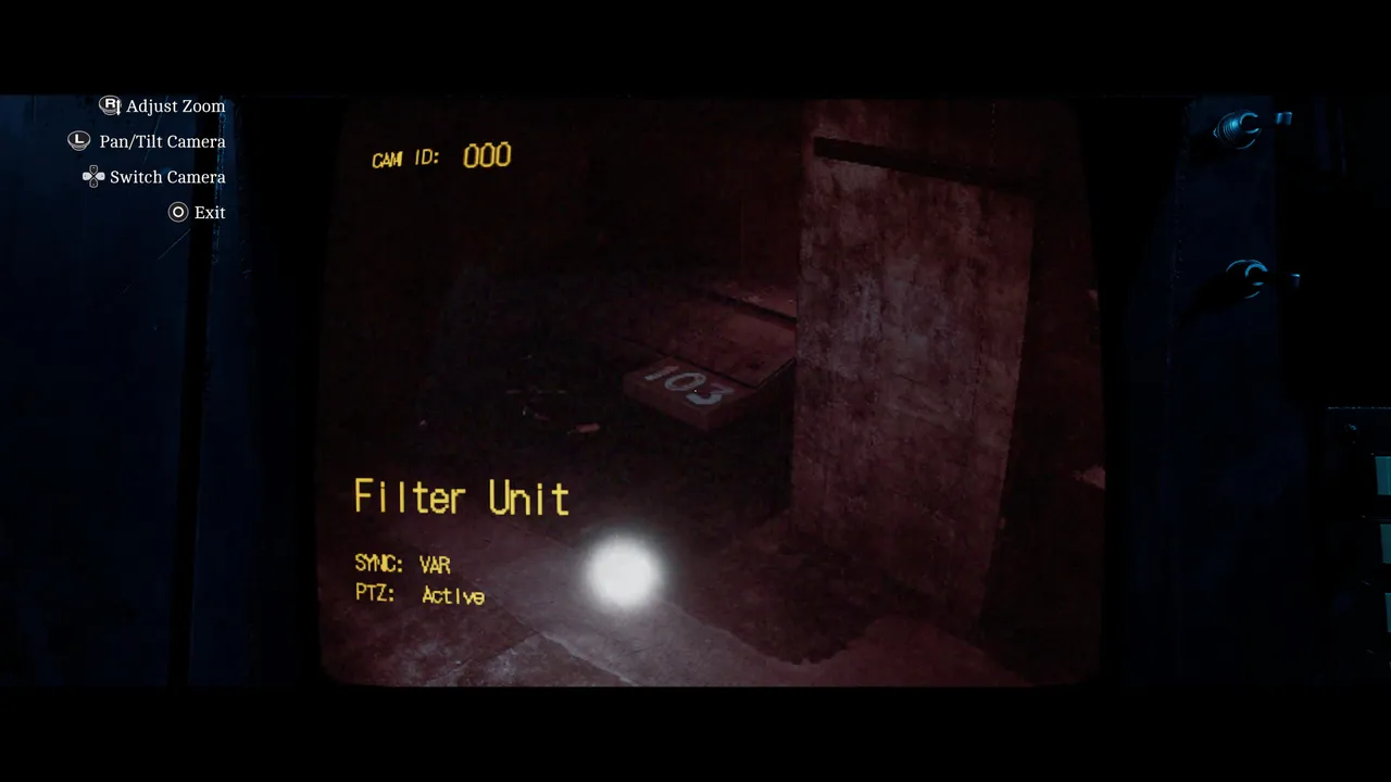 CCTV feed from camera 000, showing the Filter Unit room and crate 103.