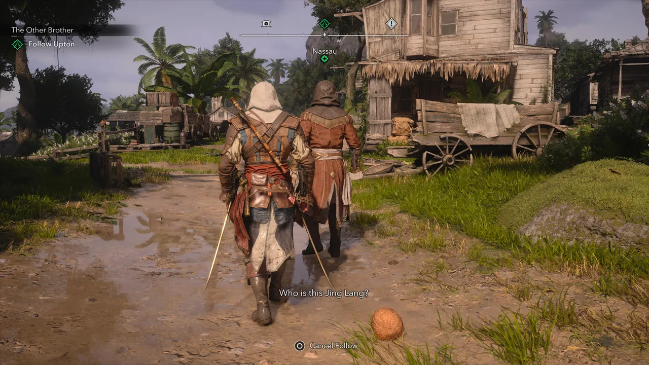 Edward and a fellow assassin walk the muddy path toward Nassau during "The Other Brother," deep in conversation about the mysterious Jing Lang.