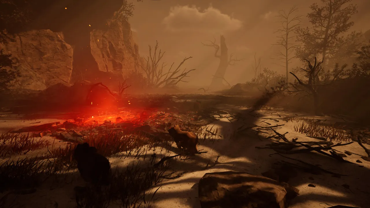 The burnt forest biome is a striking contrast to the lush greenery elsewhere in the park and one of the game's most atmospheric environments.