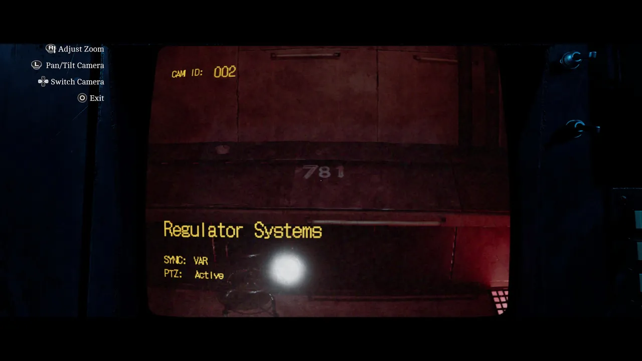CCTV feed from camera 002, showing the Regulator Systems room and code 781.