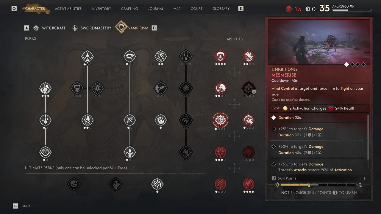 The Blood of Dawnwalker: The Vampirism tree, with Perks on the left and Abilities on the right.