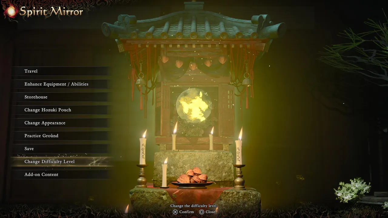 This is the only in-game menu that actually lets you change difficulty freely, tucked in among Travel, Save, and the rest of the Spirit Mirror's options.