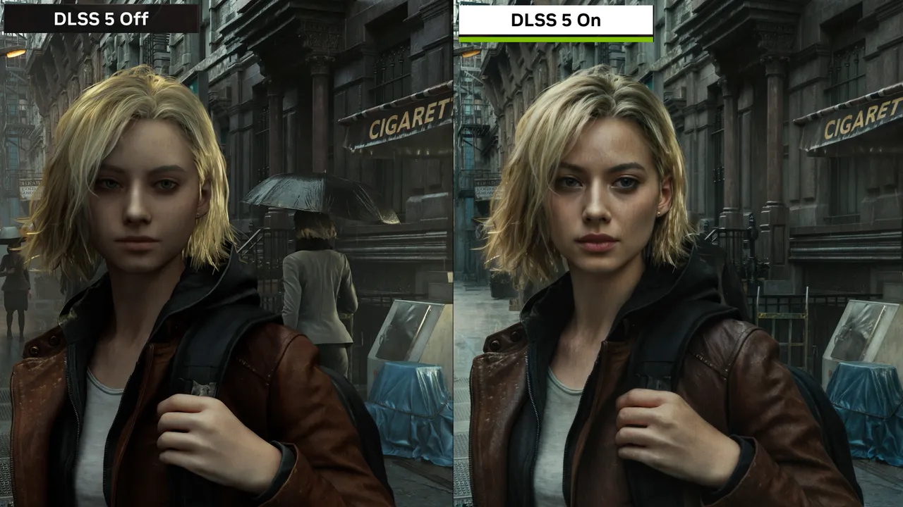 Resident evil requiem screenshots comparing dlss 5 vs dlss off