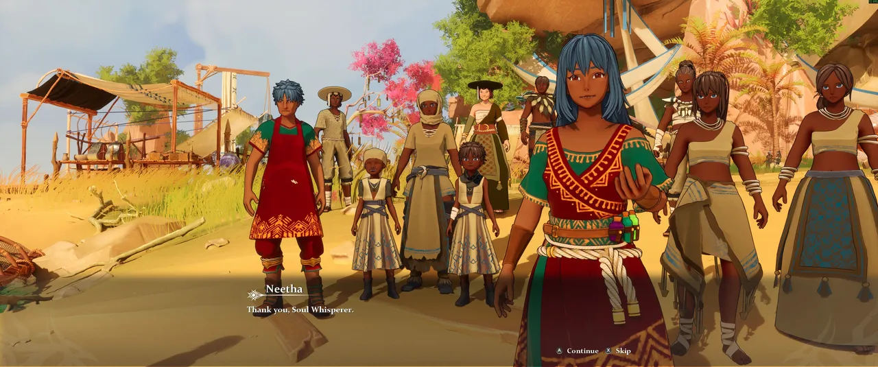 A cutscene introduces Neetha and a group of villagers, her dialogue line reading "Thank you, Soul Whisperer."