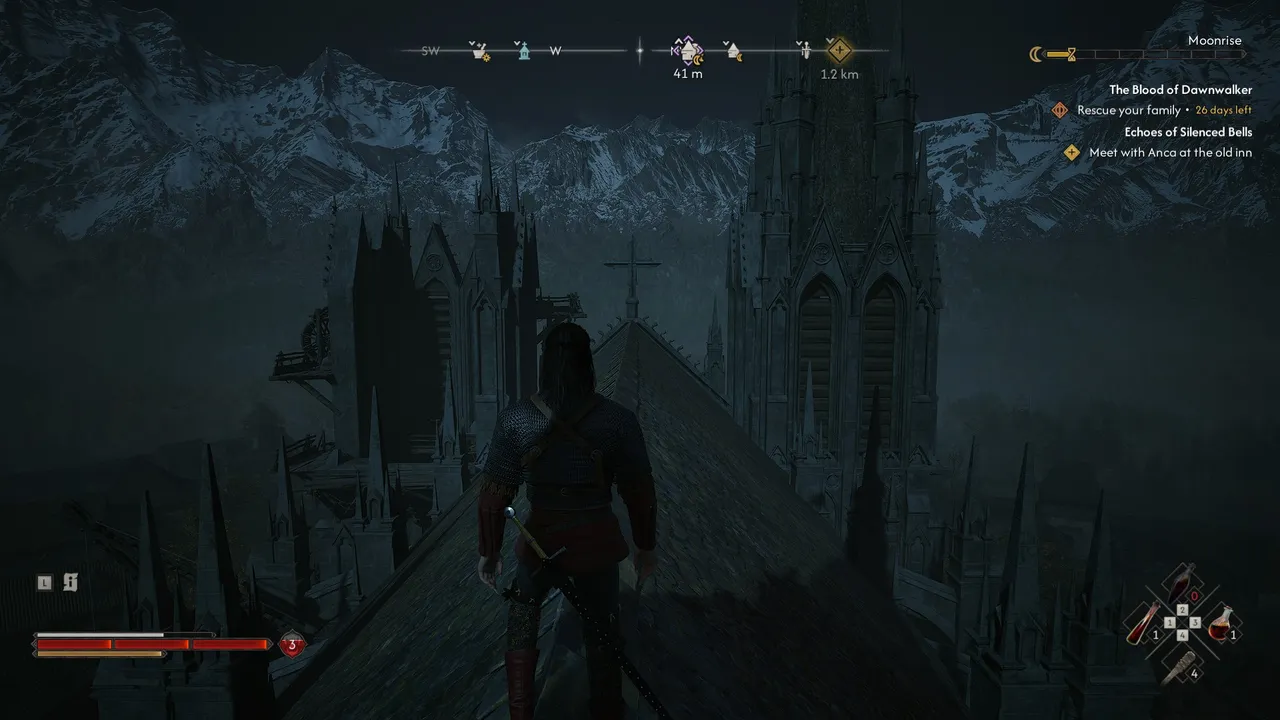 The Blood of Dawnwalker: The scaffolding gaps you'll use to slip inside can be seend on the left hand side
