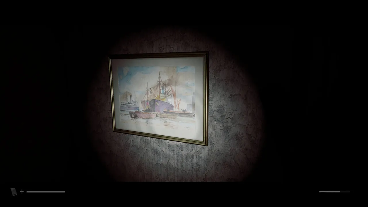The harbour painting in the puzzle room. Count carefully; there are seven boats here.