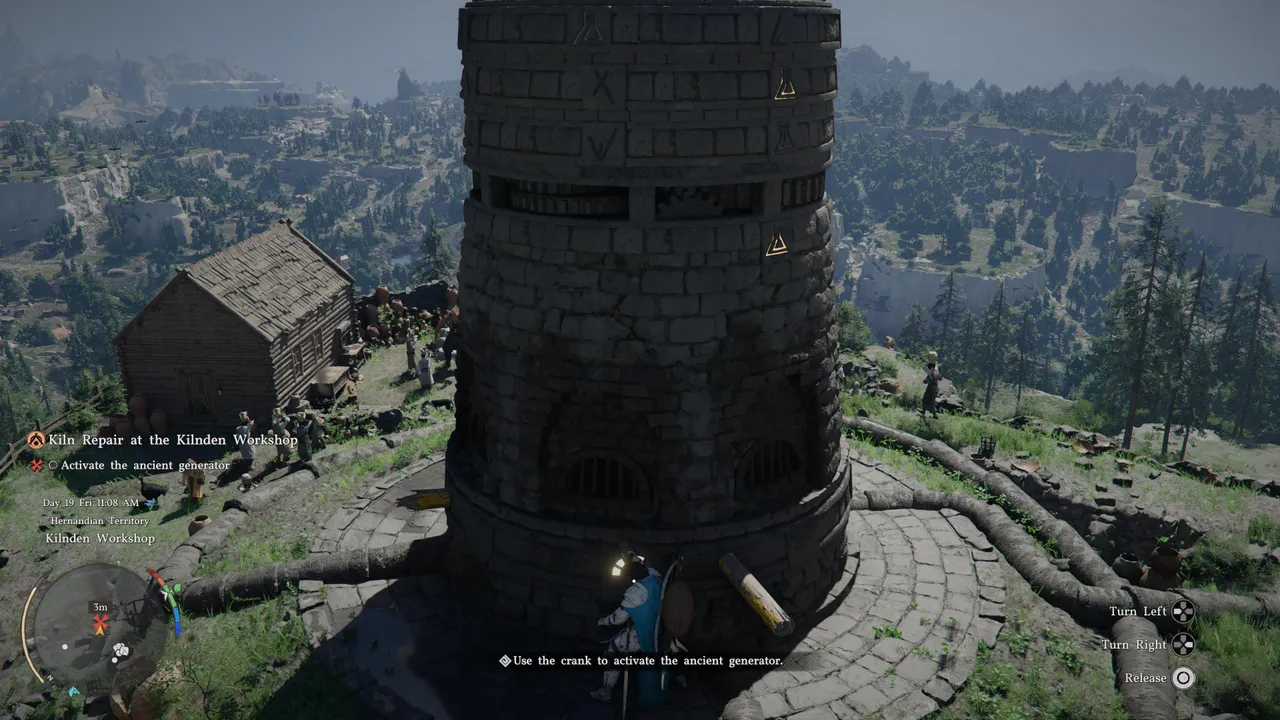 The ancient generator tower before activation. The symbols on the rings are unlit at this stage. Use the base switch to select each ring and rotate it until the symbol glows