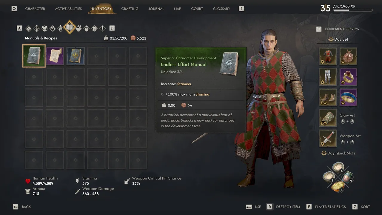 The Blood of Dawnwalker: Manuals appear under the Inventory's Manuals & Recipes tab. Reading one unlocks its tied Perk tier for purchase in the Skill Tree - it doesn't grant the Perk automatically.