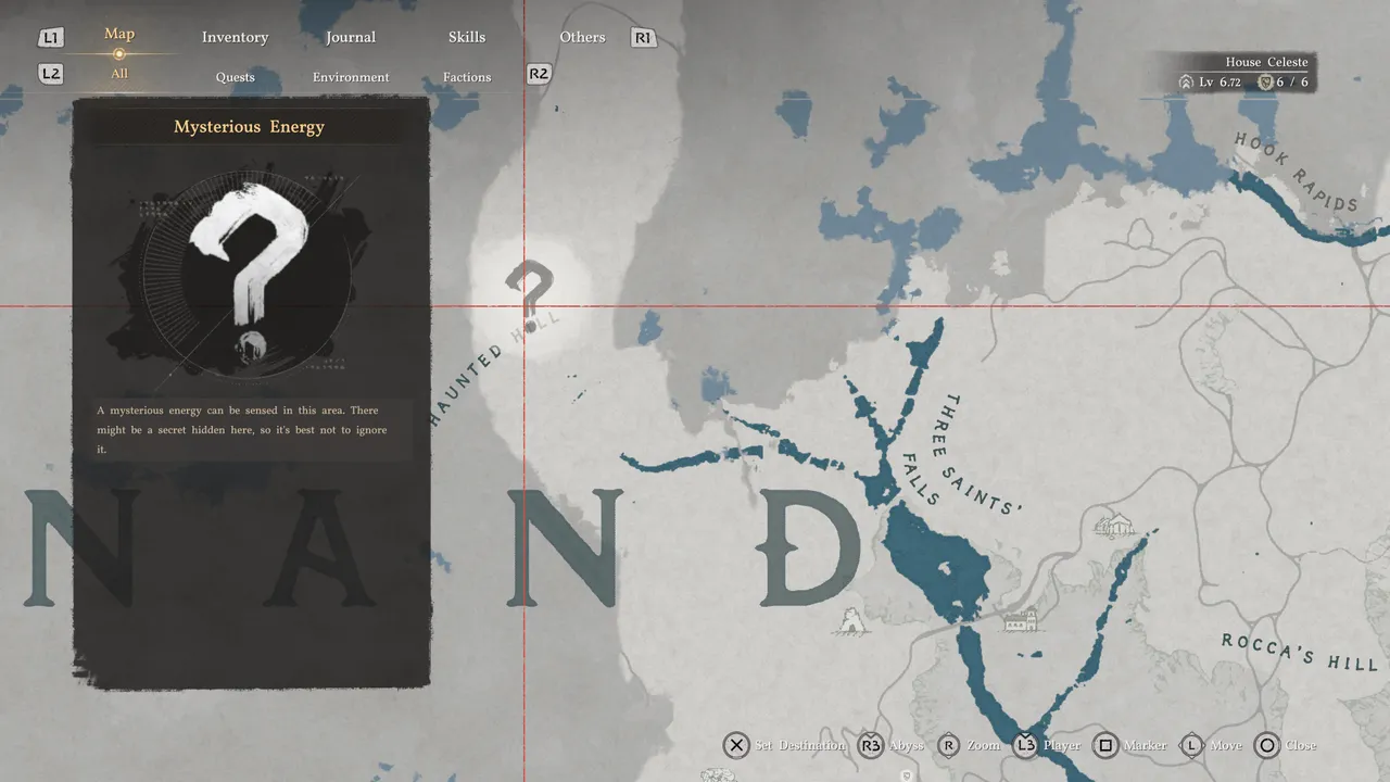 A question mark with the Mysterious Energy label is the game's way of telling you there's a hidden fast travel point nearby. Don't skip them