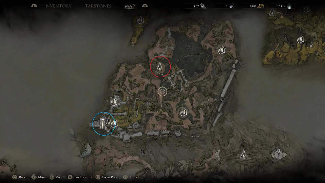 The red circle shows the Outskirts of Nochte beacon, and the blue circle shows the location of the corrupted gate in this area.