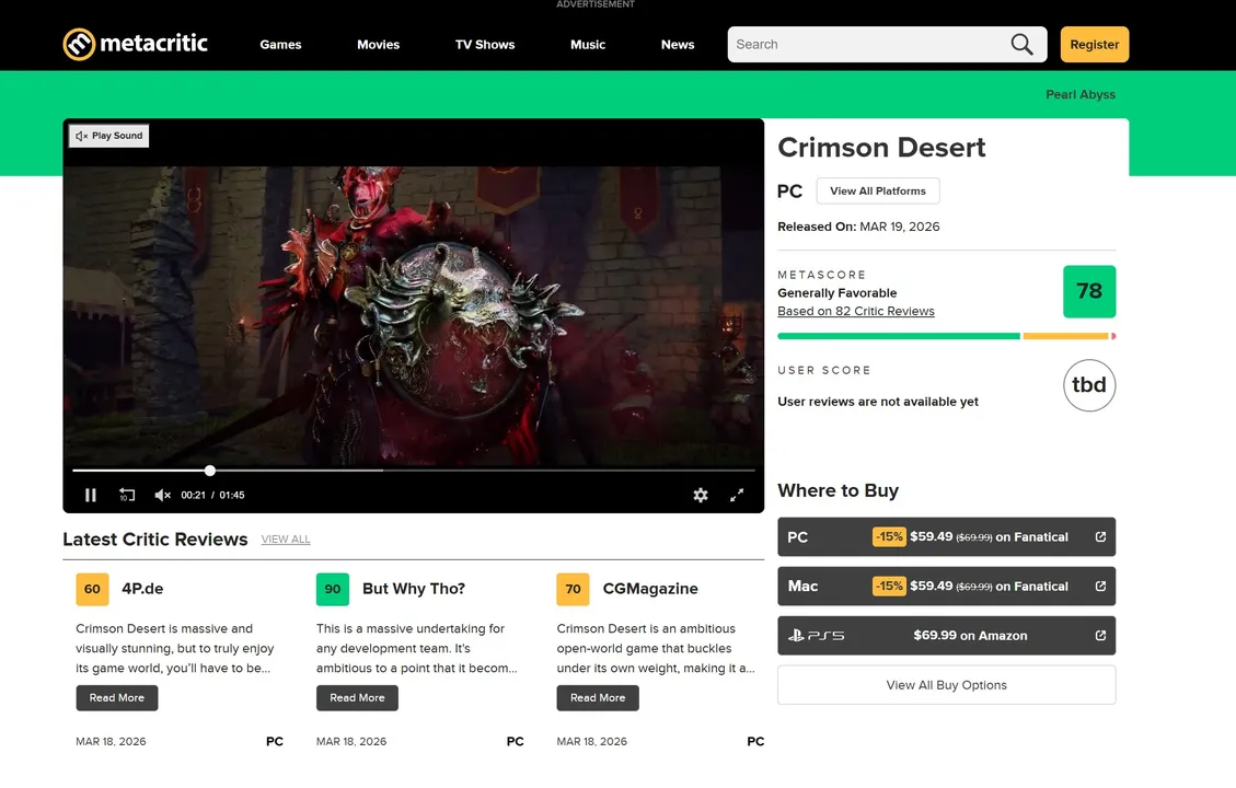 Crimson Desert sits at 78 on Metacritic from 82 critic reviews at the time of writing