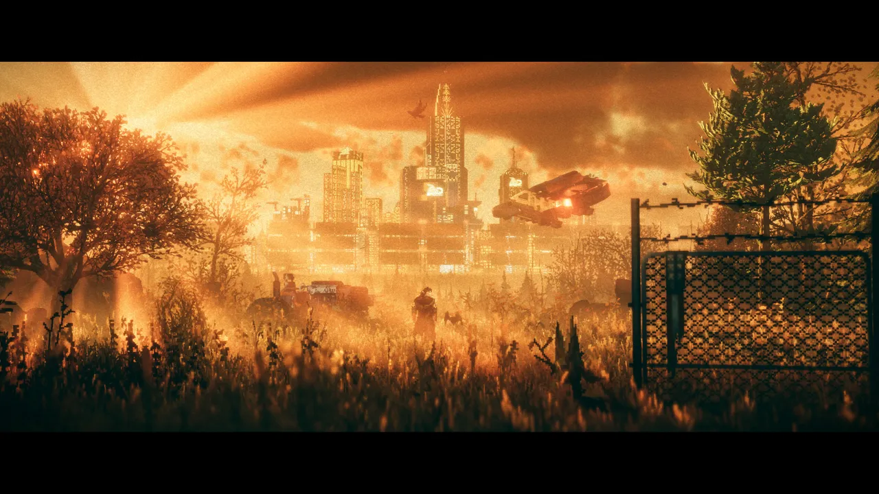 Phoenix-City in the distance, glowing through the smog. From the very first shot, Replaced tells you exactly what kind of world you're in.
