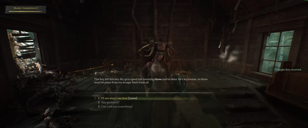 Even a simple fetch quest arrives wrapped in riddles about schemers and mortal dens.