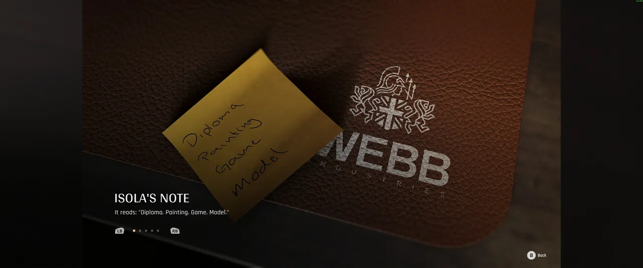 Isola's note is your guide. The four words are the four objects to find, and their order determines the sequence of digits in the code. Don't mix them up.