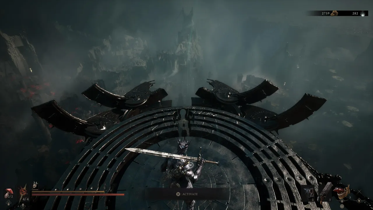 This is the fast travel platform at the top of Marrow Keep. Early in the game, every journey begins here, meaning you always have to return to the Keep before travelling anywhere else.