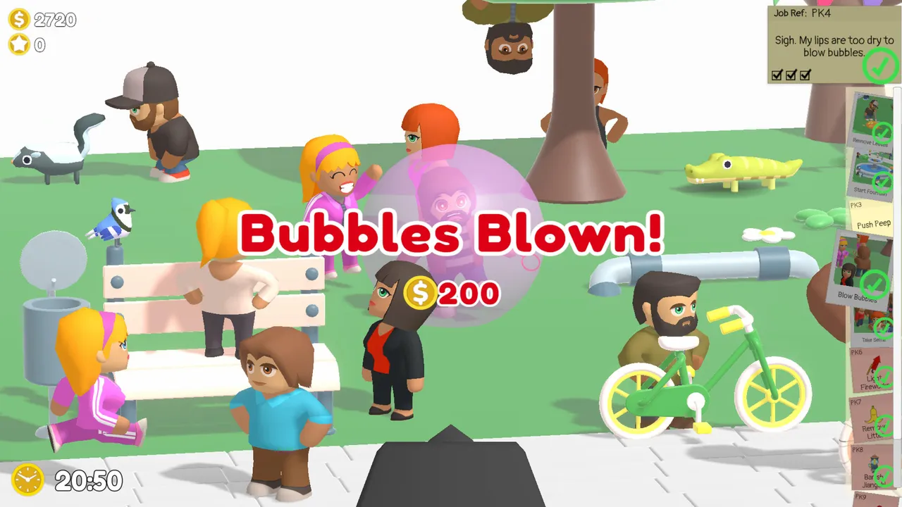 Every solved job pays out, and figuring out that a job called 'Blow Bubbles' meant finding someone with dry lips is exactly the kind of reasoning the game rewards.