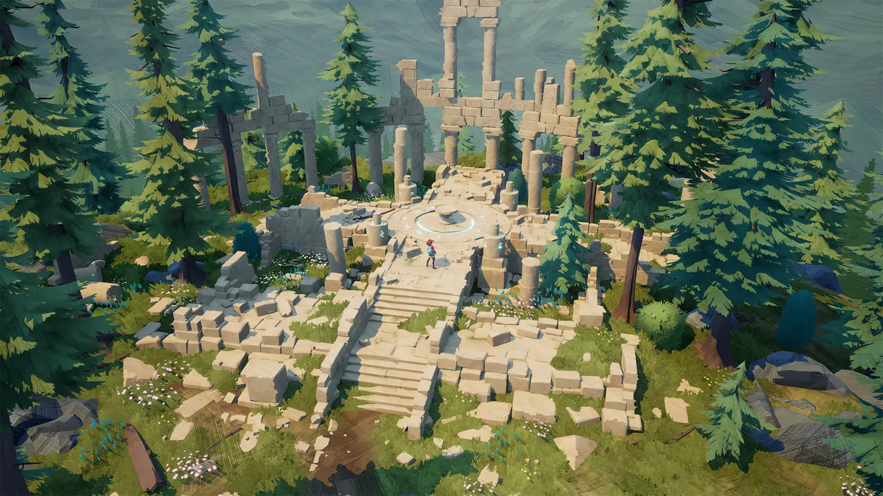 The player character explores crumbling stone ruins nestled in a pine forest in People of Note, with a glowing magical altar ahead