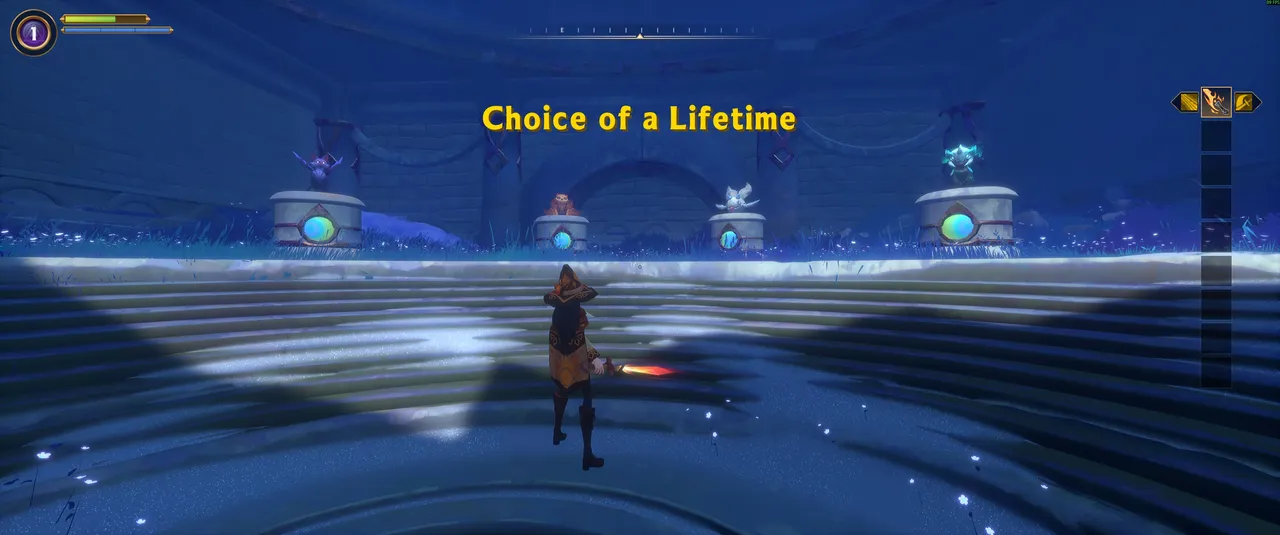 The "Choice of a Lifetime" screen presents three Familiar options on separate pedestals in a dreamlike blue arena, asking you to pick your first companion before entering the world.