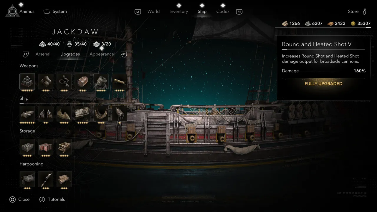 The list of all upgrades for the jackdaw. It can be checked from the main menu any time you want.