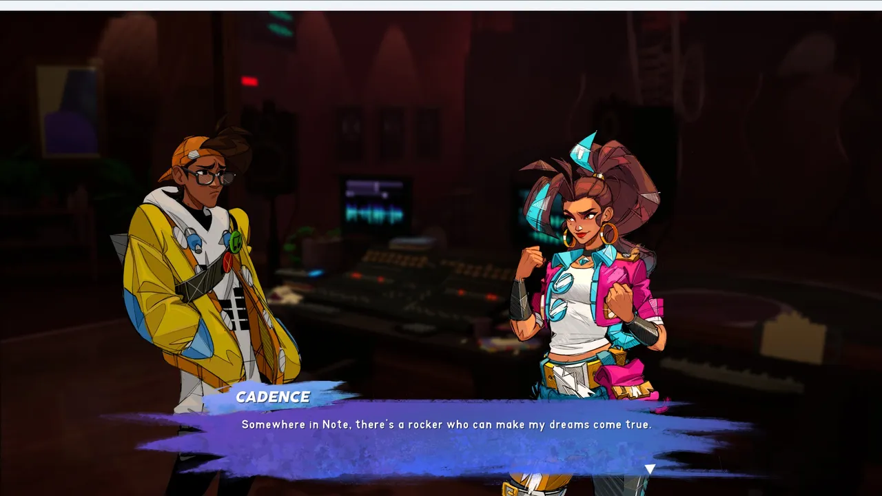 Cadence shares her ambitions with a bandmate in a moody recording studio in People of Note