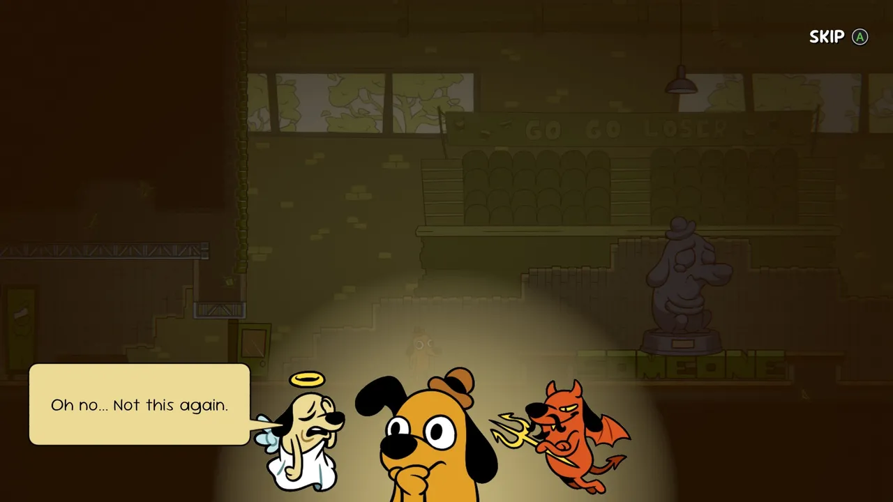 Question Hound, flanked by his conscience and his worst impulses. The game handles moments like this with just the right balance of humour and sincerity.
