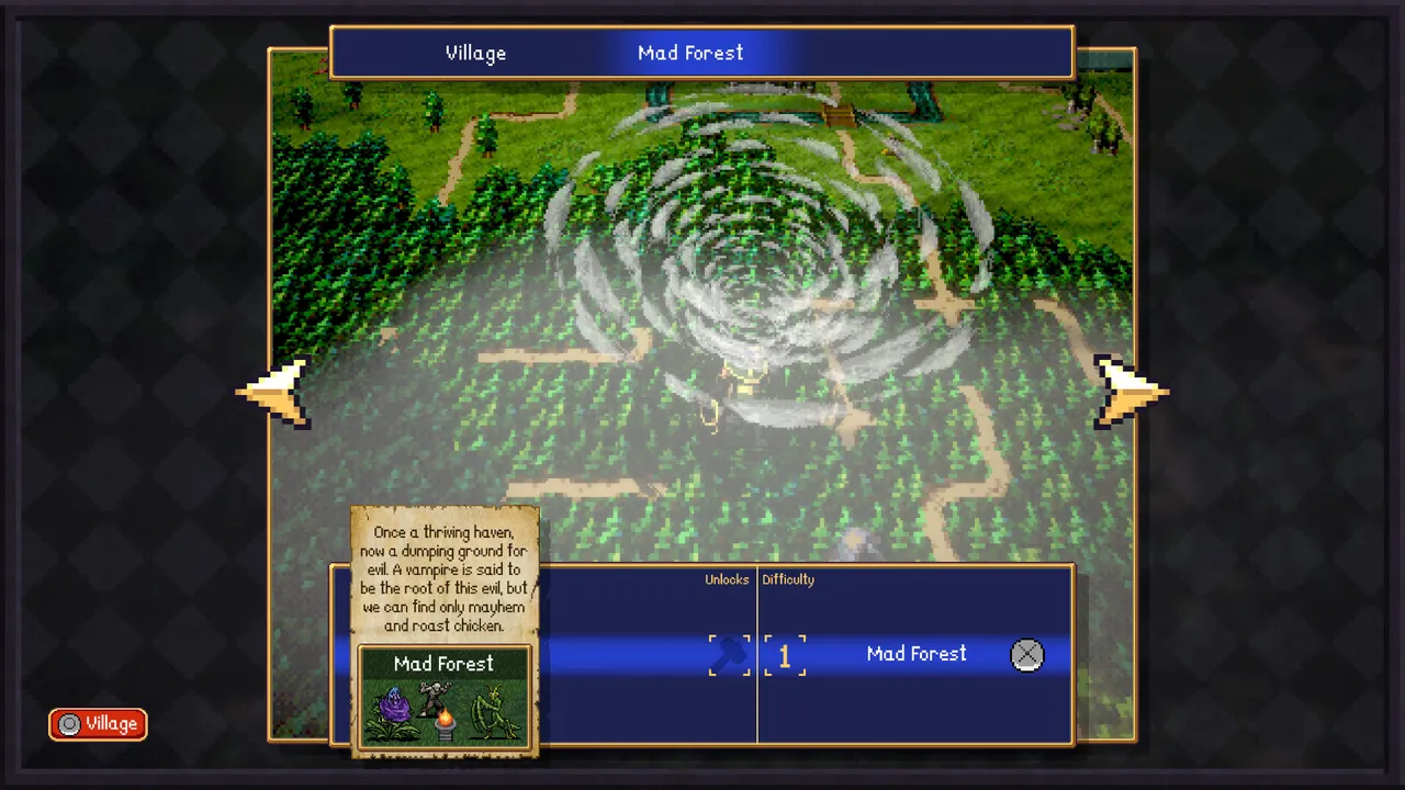 The dungeon selection screen, where a brief flavour description is the closest thing to a story you will find in Vampire Crawlers: The Turbo Wildcard.