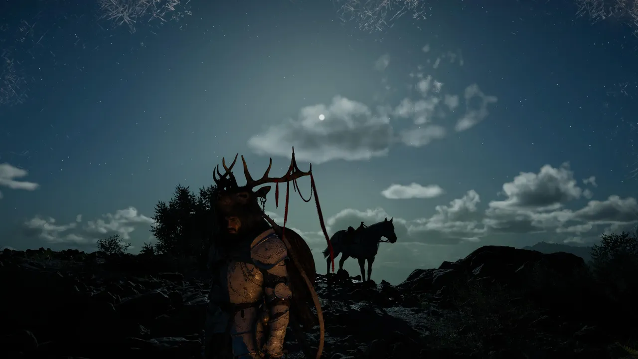 Kliff and his horse stand beneath a moonlit sky — a quiet moment between storms.