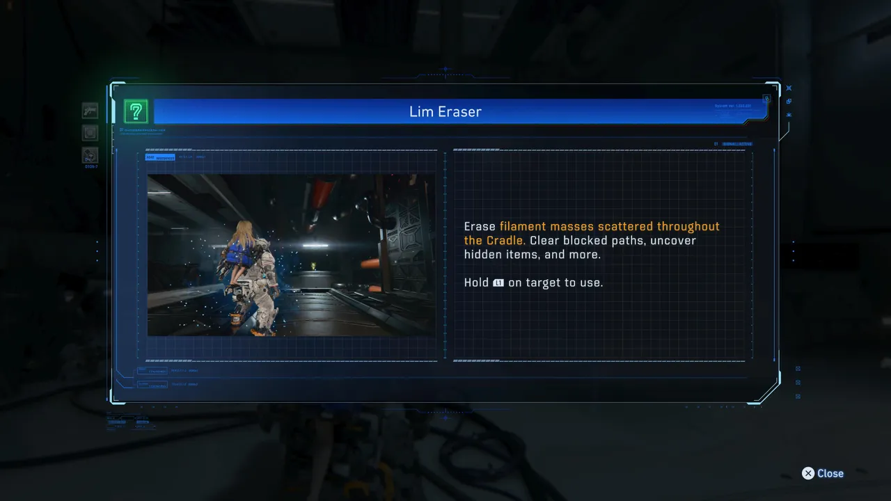 The Lim Eraser upgrade screen explains exactly what it does. Once you have it, every previously blocked area in the game becomes worth revisiting