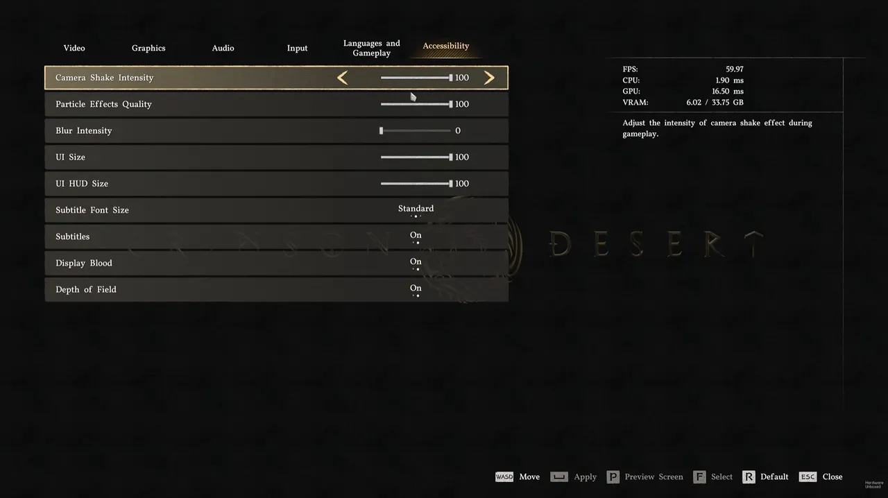 Crimson Desert's PC settings menu — note the blur intensity set to 0, which Hardware Unboxed recommend across the board
