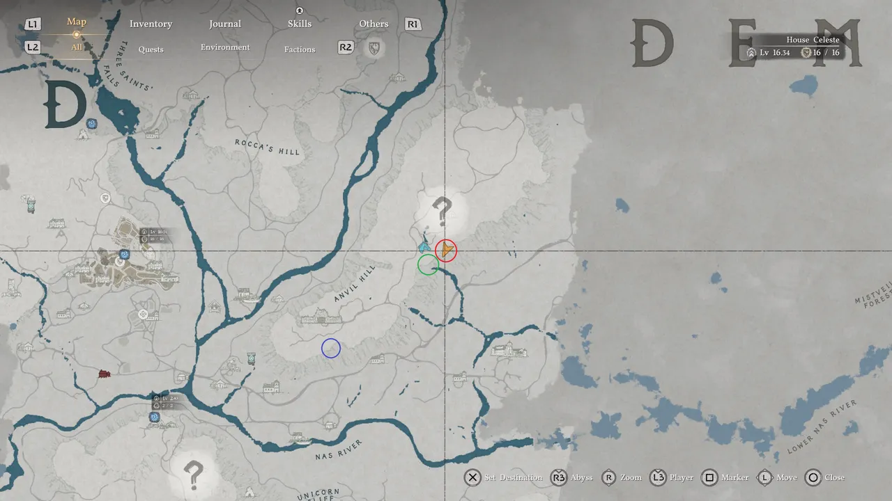 The three circles on this map mark where the outdoor murals are hidden. All three are on rock faces in the Anvil Hill area, east of the Dragon's Stone Chamber