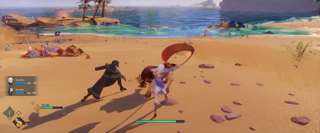 Eline and Ysoris take on an enemy together on the Estfalian Coast, with a defeated creature already lying on the sand nearby.