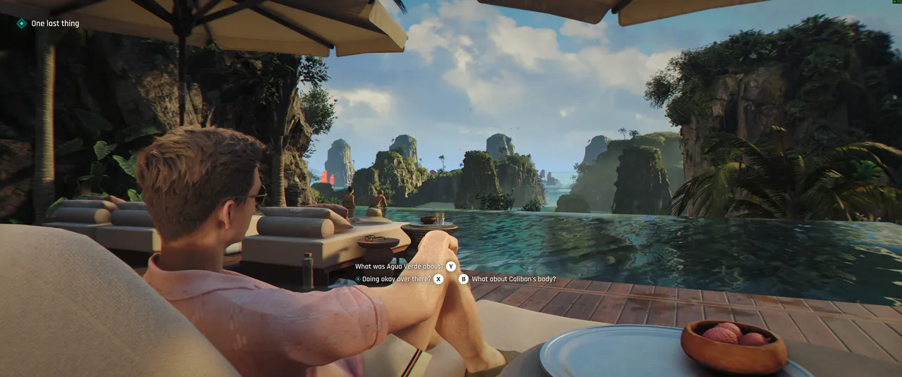 Even in moments of apparent relaxation, Bond is always working. The dialogue choices here are a nice touch.