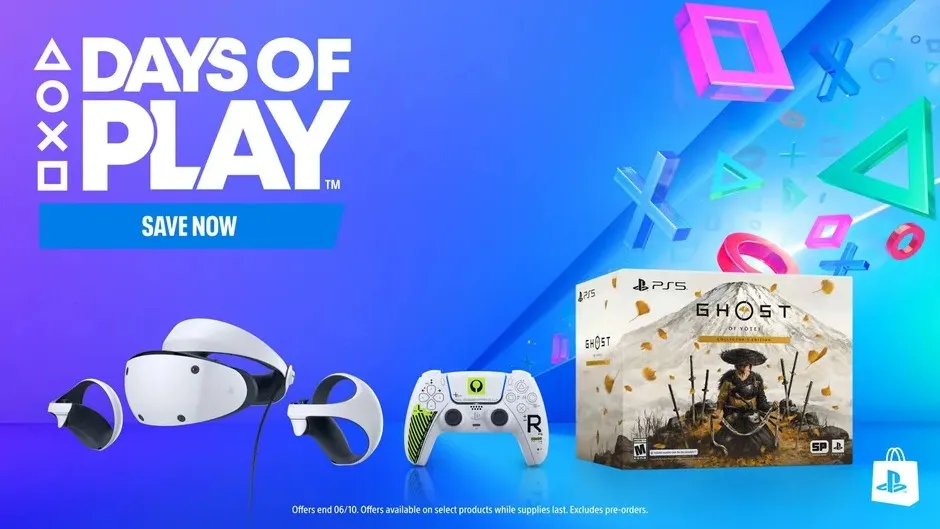 Hardware discounts available on PS VR2, DualSense controllers, and audio gear (Pulse Elite and Pulse Explore)
