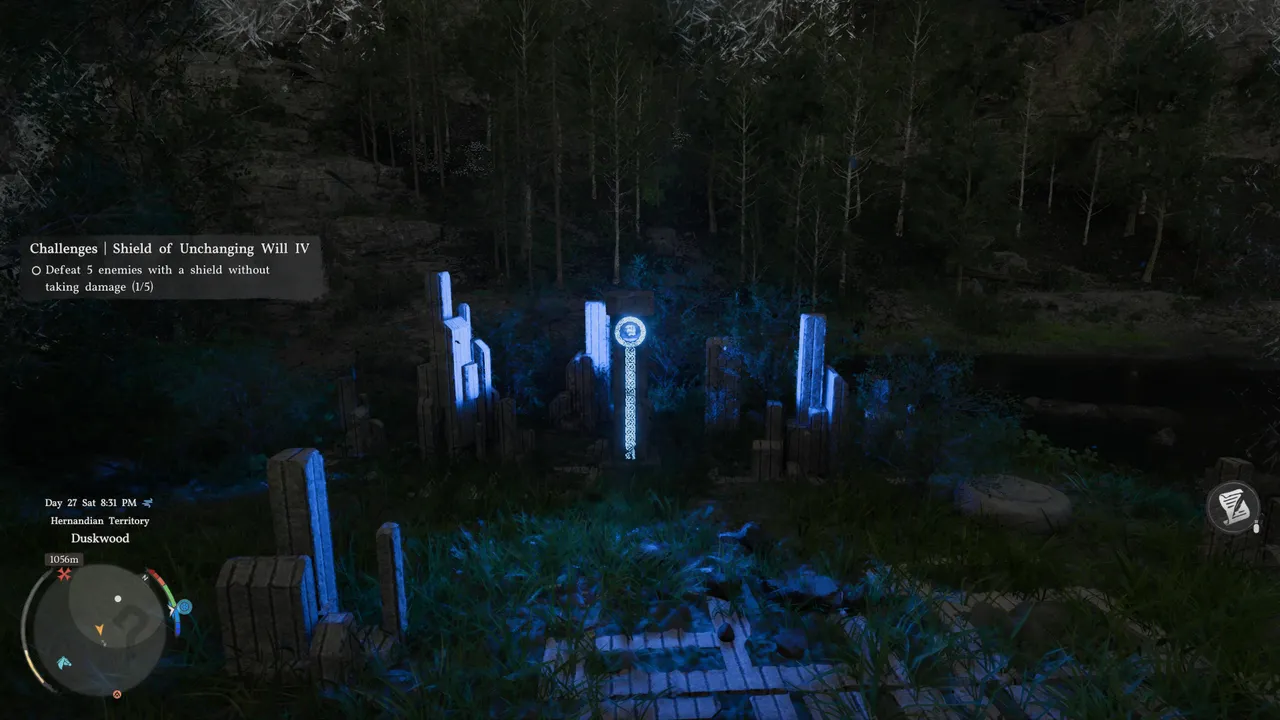 The glowing monument marks the active puzzle site. The large stone board is laid out on the ground in front of it