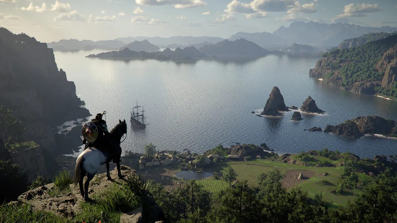 Crimson Desert screenshot showing a man on a horse looking at a stunning lake