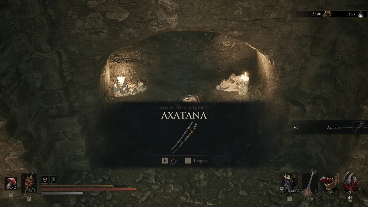 Open the gate, clear the enemy, and pick up the Axatana