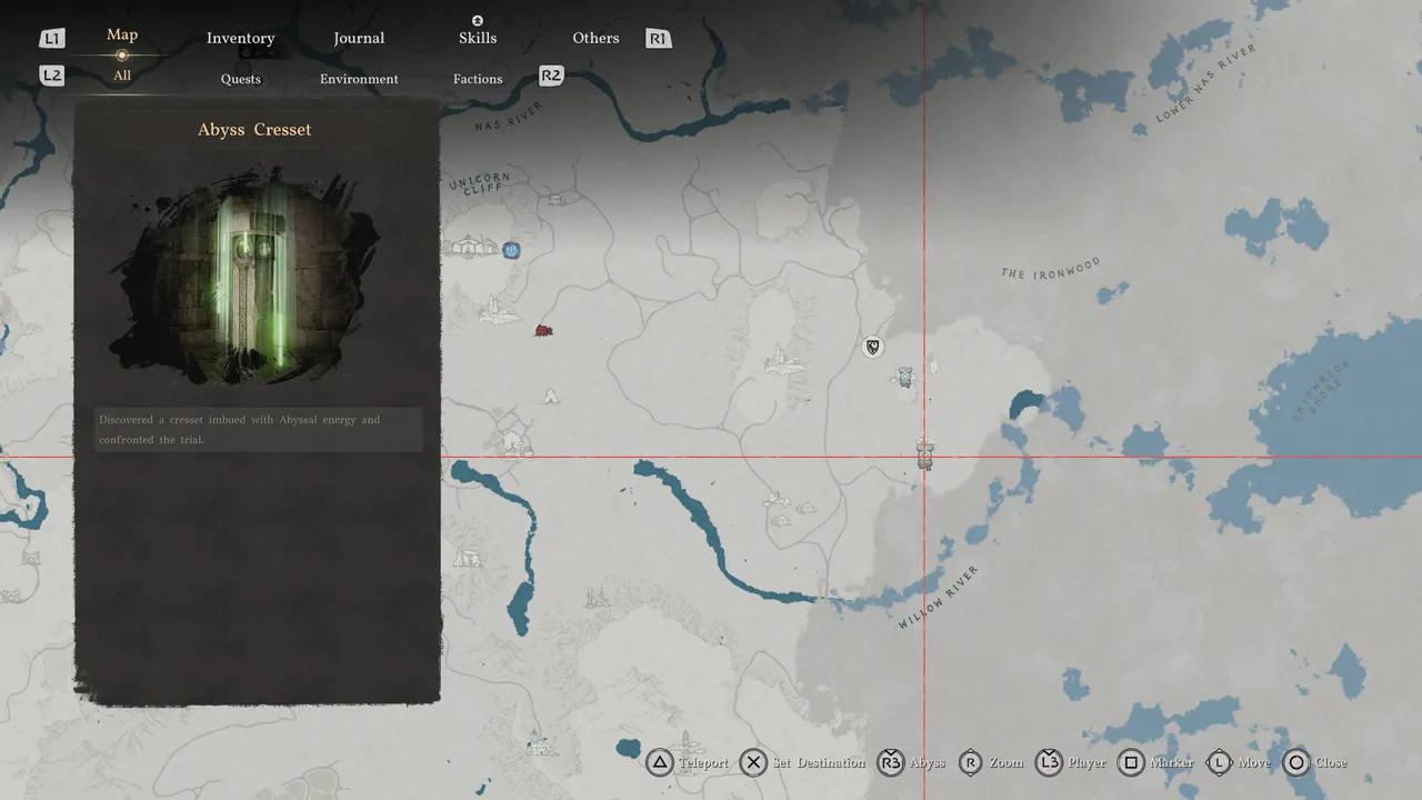 The puzzle site is marked here, east of the Willow River and south of Unicorn Cliff. Set it as your destination from the map