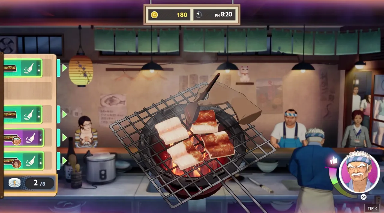 The cooking loop mixes time management and minigames against a vibrant hand-drawn backdrop.