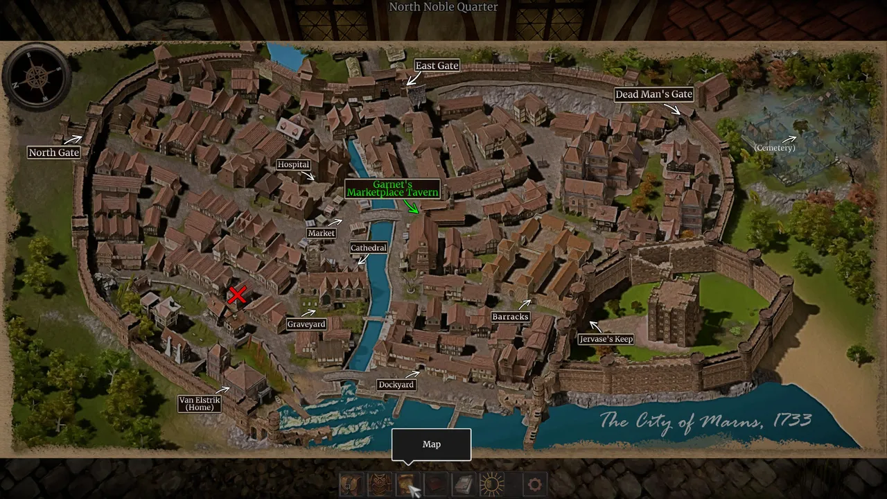 The city of Marns in 1733 — a surprisingly dense and well-realised setting that rewards thorough exploration.