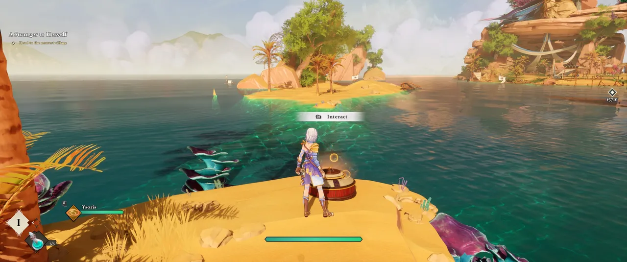 Eline stands at the edge of a sandy outcrop overlooking a colourful coastal vista, with an interactable object prompting nearby.