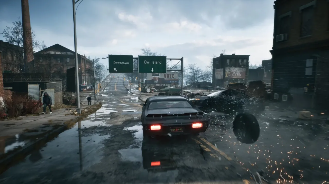 Vehicular combat sees Samson using his car as a weapon, smashing rival gang vehicles through Tyndalston's rain-soaked streets