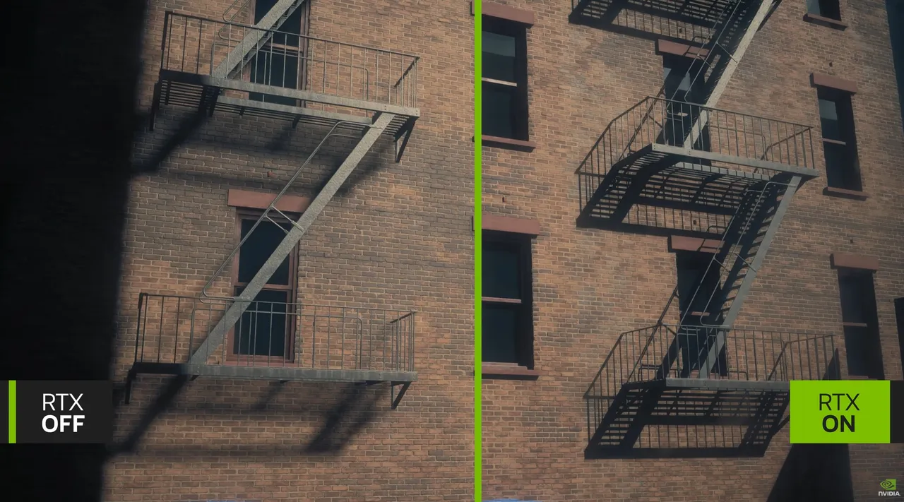 The difference between path tracing on and off is stark: ambient light, shadow depth, and surface detail are all transformed with RTX enabled