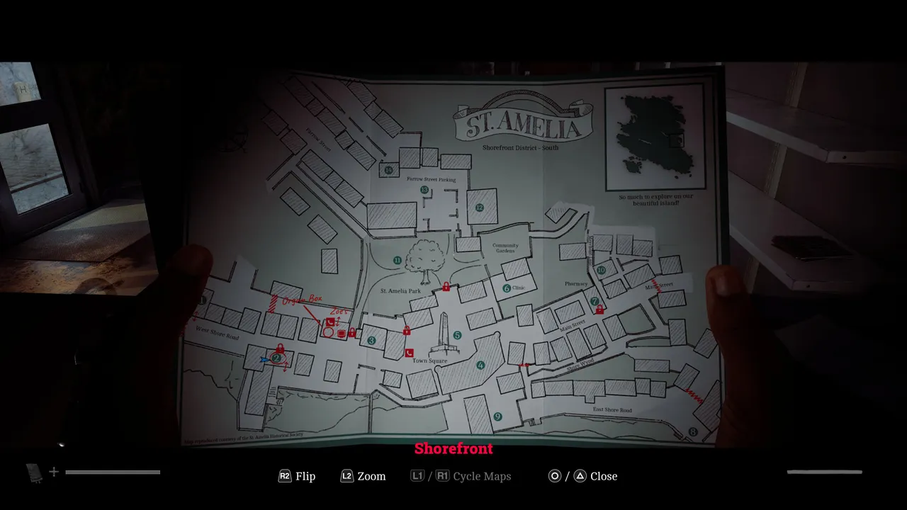 This map marks Zoe's apartment location as well as where the card can be found.