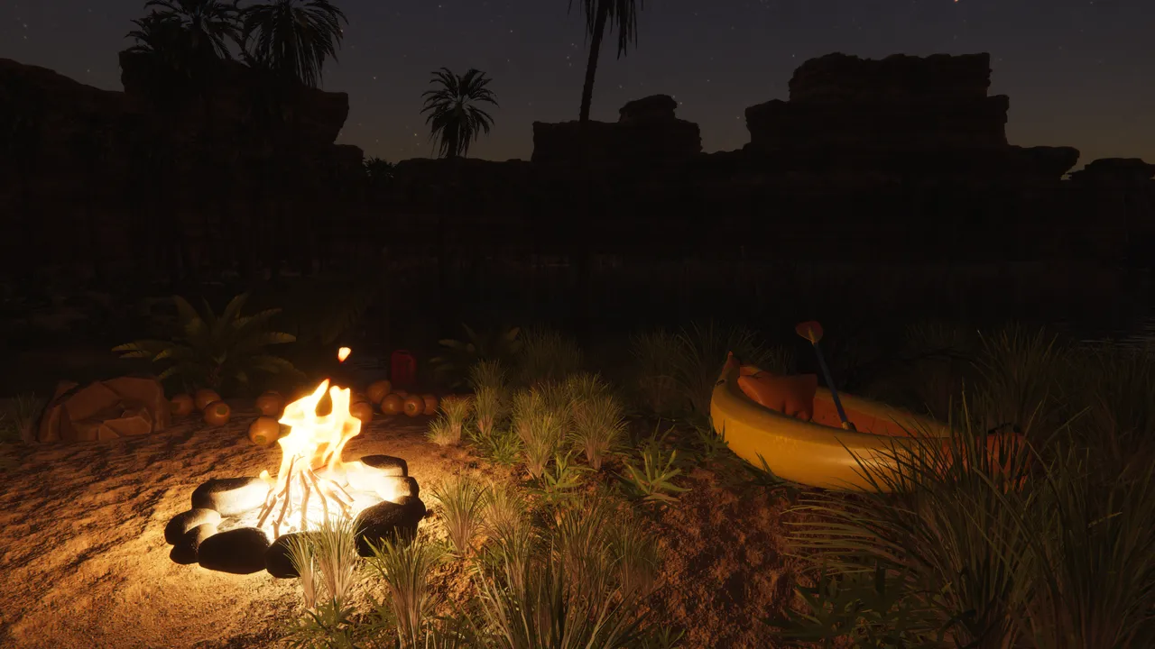 A campfire lights up the desert at night
