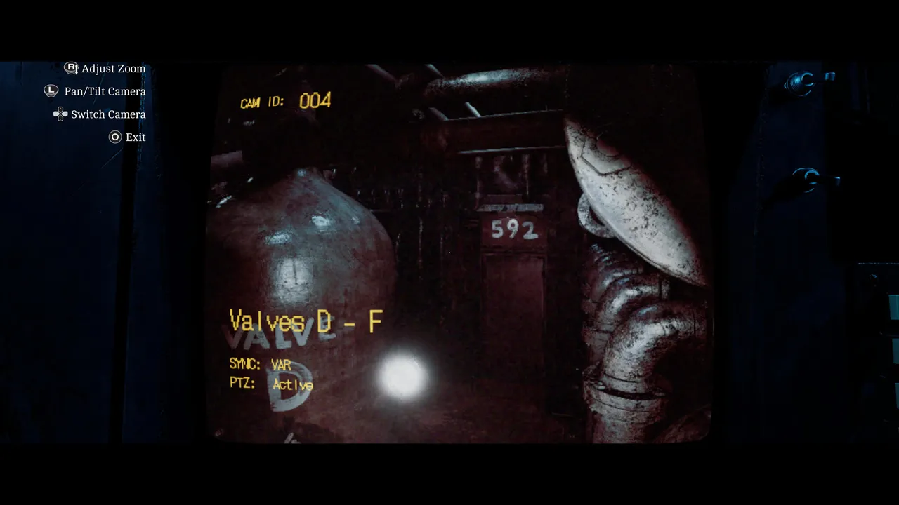 CCTV feed from camera 004, showing Valves D-F and code 592.