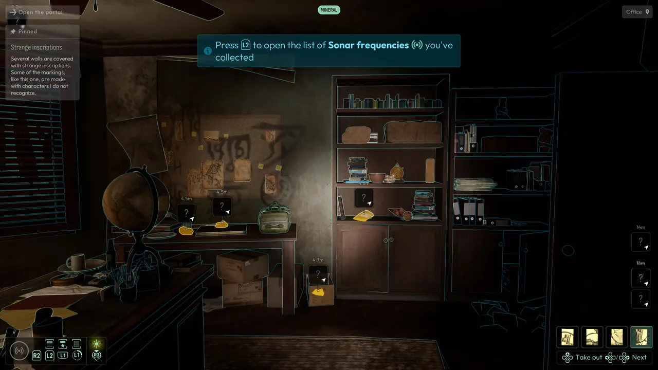 The investigation UI in full swing: clues, distances, and items to examine scattered across a single room. A taste of what awaits less patient players.