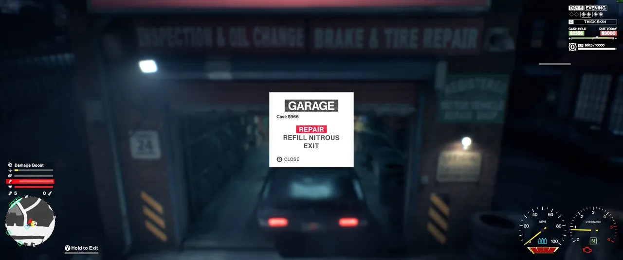 The garage menu gives you the option to refill nitrous alongside repairing the car. Both cost money, so keep some cash available if you're planning a visit
