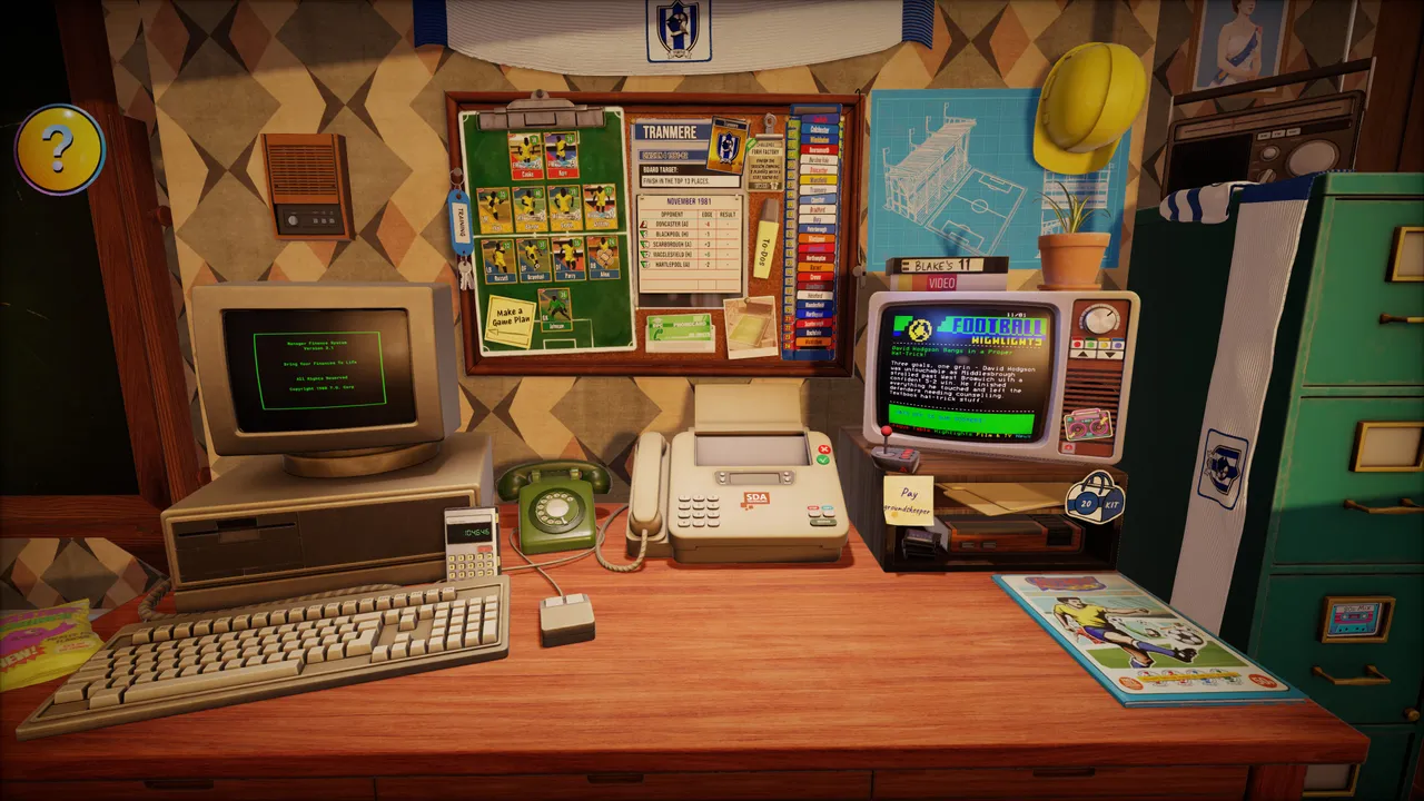 Your manager's office is a love letter to the '80s with rotary phones, chunky computers, and football fixtures pinned to the wall.