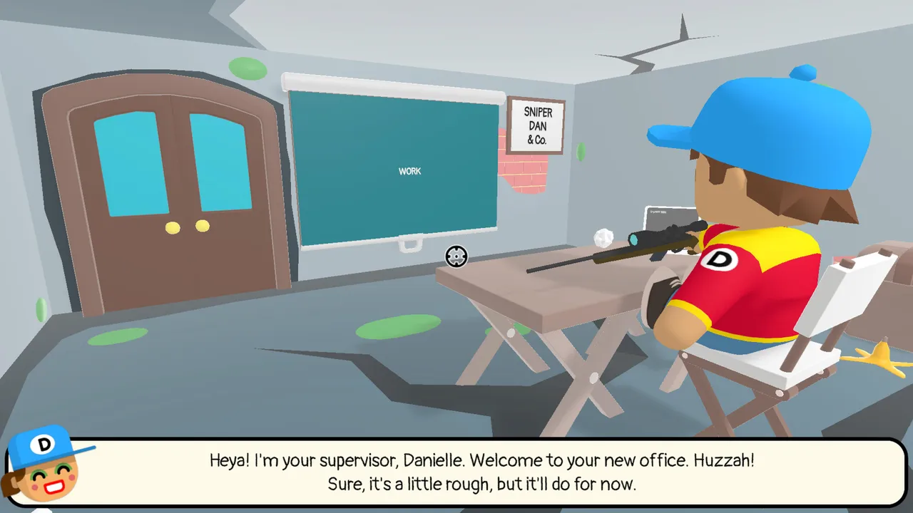 Sniper Dan never lets you forget it doesn't take itself seriously, right down to the supervisor cheerfully welcoming you to a cracked, half-furnished office.